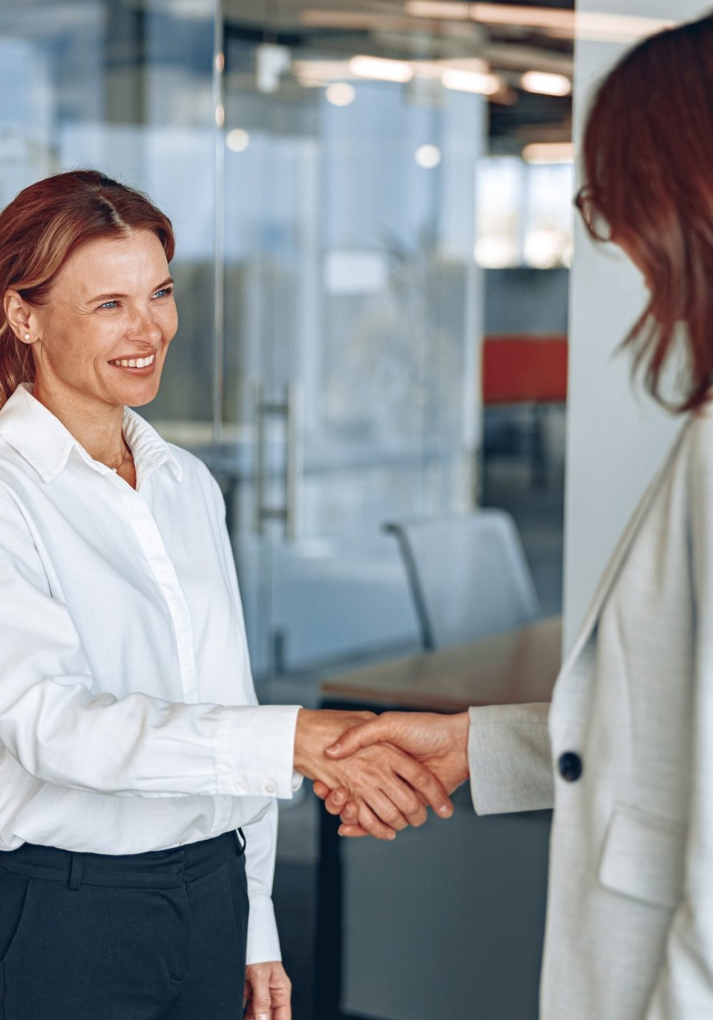 Business woman handshake in office showing professional agreement on a financial deal contract.